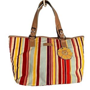 Stone Mountain Multi-Color Striped Fabric/Leather Tote Bag Shopper Purse-